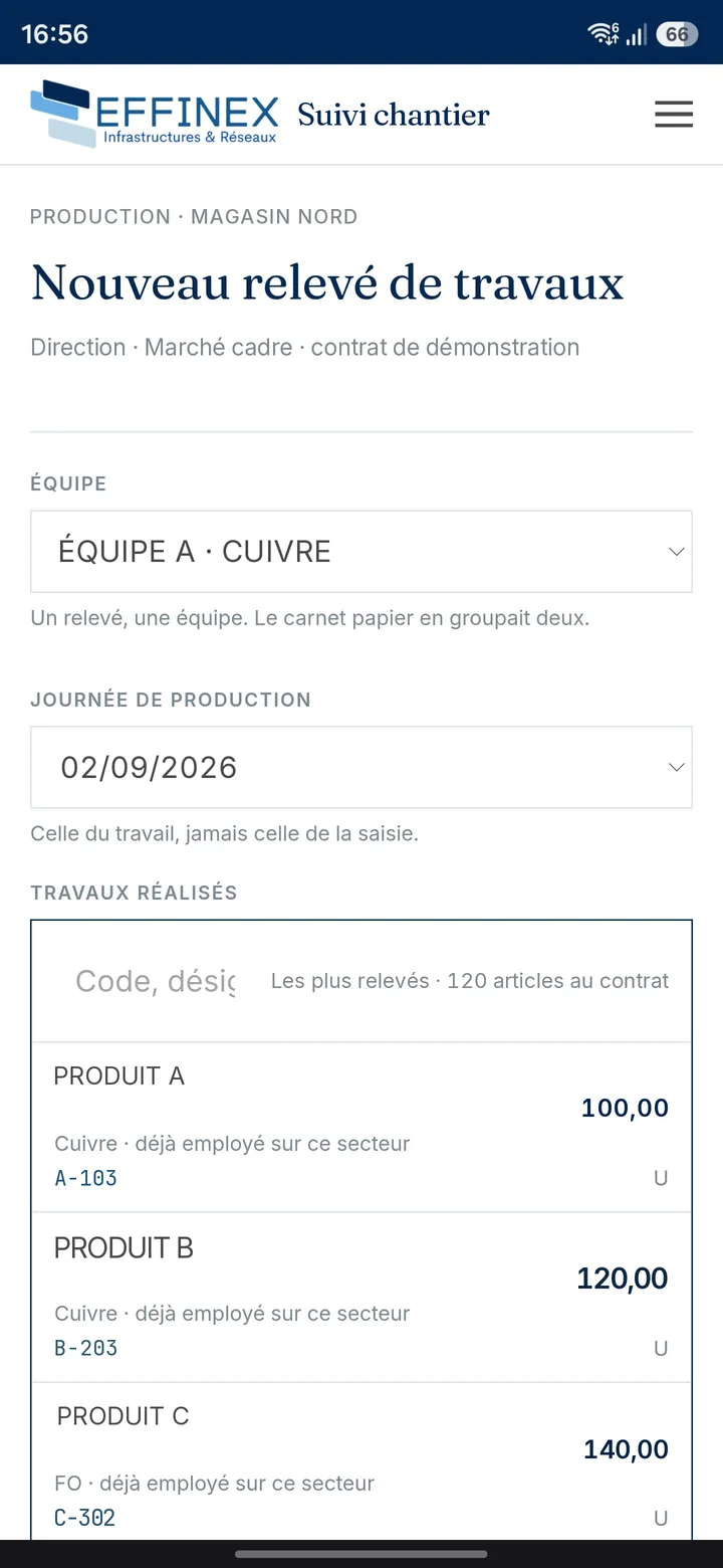 La saisie d’un relevé de travaux sur téléphone : l’équipe, la journée de production, puis les articles du bordereau les plus relevés avec leur code, leur nature et leur prix.