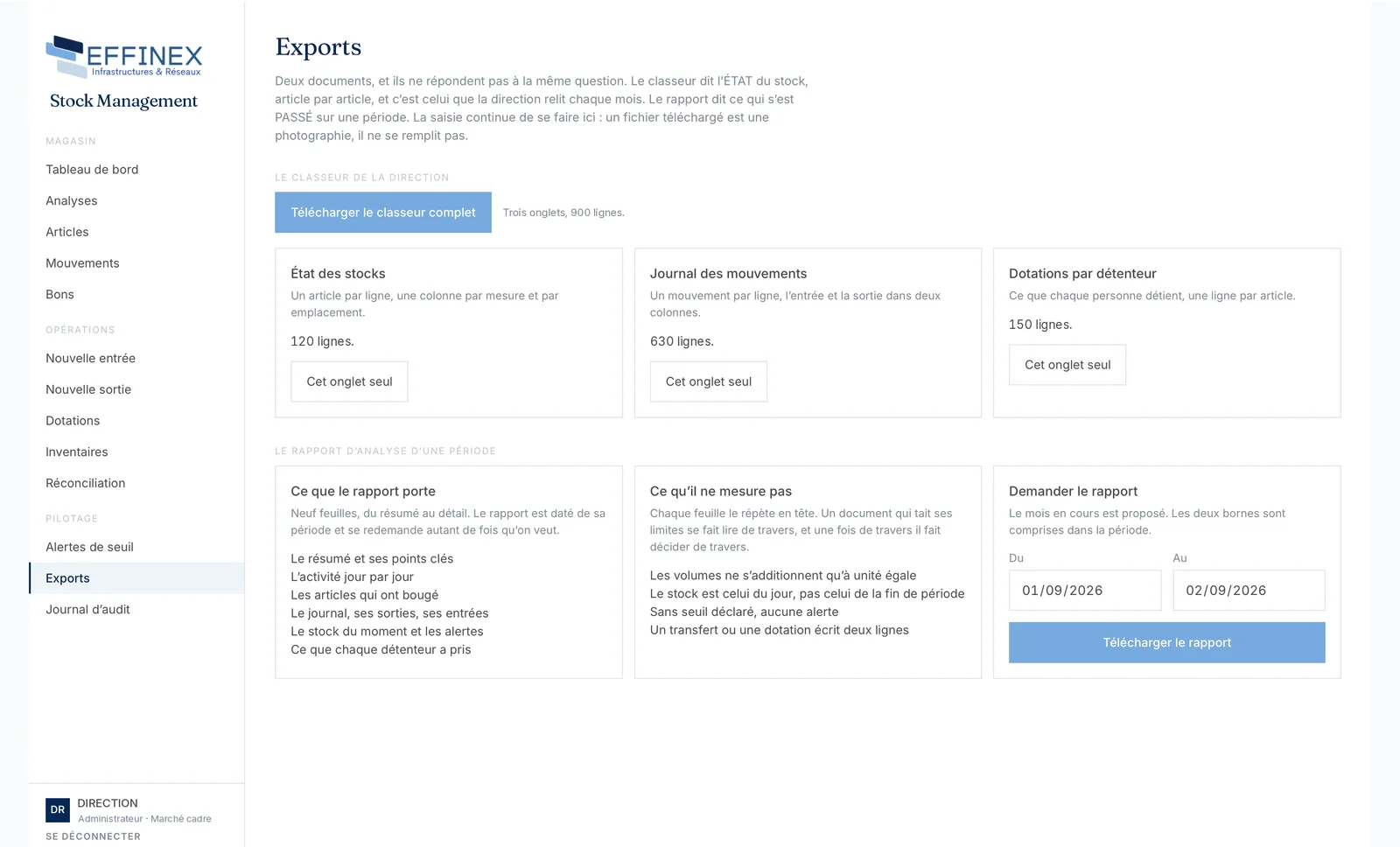 Écran des exports : le classeur d’état du stock avec ses trois onglets, et le rapport d’analyse d’une période, avec ce qu’il porte et ce qu’il ne mesure pas.